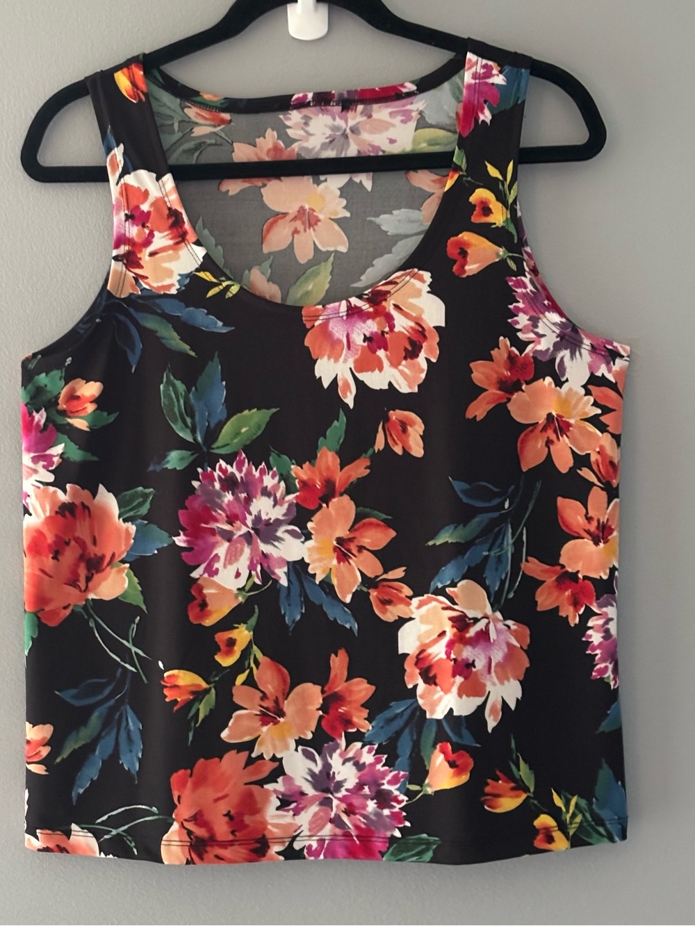 Floral Scoop Neck Tank Top & Cardigan- Black with Orange & Pink Blooms.